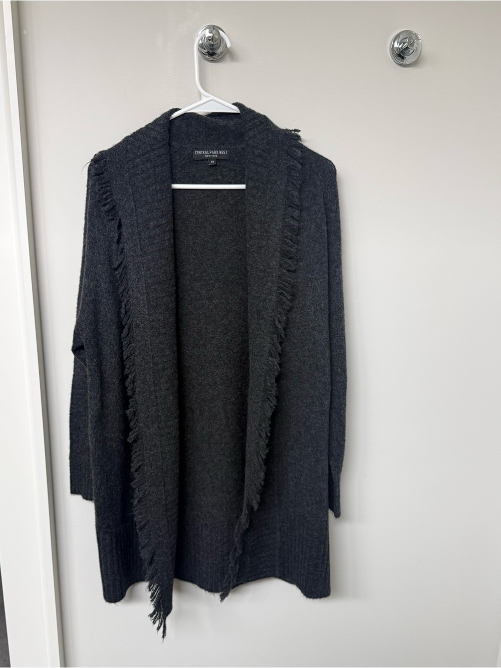 Central Park West Cashmere Black Open-Front Fringe Cardigan